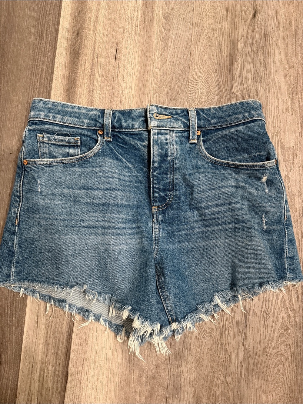 PAIGE Medium Blue High-Rise Frayed Hem Denim Shorts
